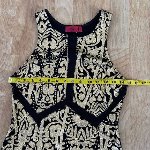 Carina Black and Gold Filigree Baroque High Neck Bodycon Cocktail Dress - Picture 12 of 15